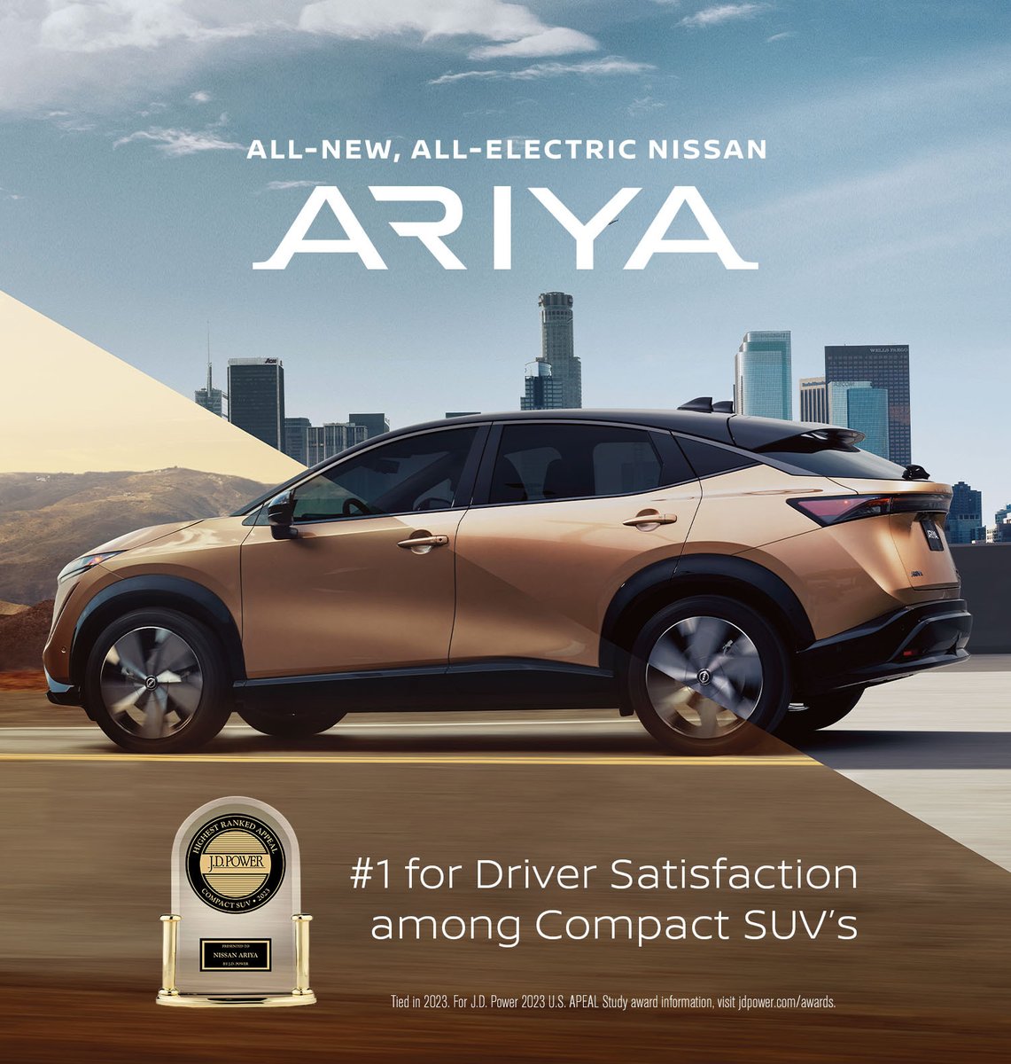 NissanUc's tweet photo. Fierce elegance meets award-winning appeal. The All-Electric #NissanARIYA: #1 for Driver Satisfaction among Compact SUVs by J.D. Power. https://t.co/CDpQxHjgpp