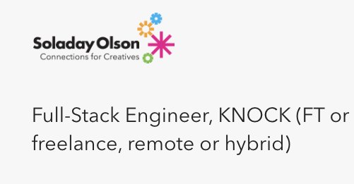 I'm seeing a number of Full-Stack Engineers who are #opentowork. If that's you and a creative agency is your goal, apply to @KNOCKinc and say I sent you! This role is FT or FL, remote or hybrid… soladayolson.com/full-stack-eng…