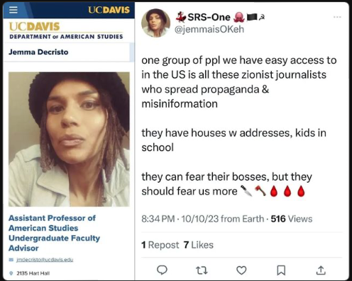 Jemma Decristo should be fired. She's making terrorist threats! What else does she mean by 'they should fear us more' using a knife, hatchet, & drops of blood. @FBI should look into actions her too. She singles out 'zionist journalists'. @ucdavis has to do something about this.