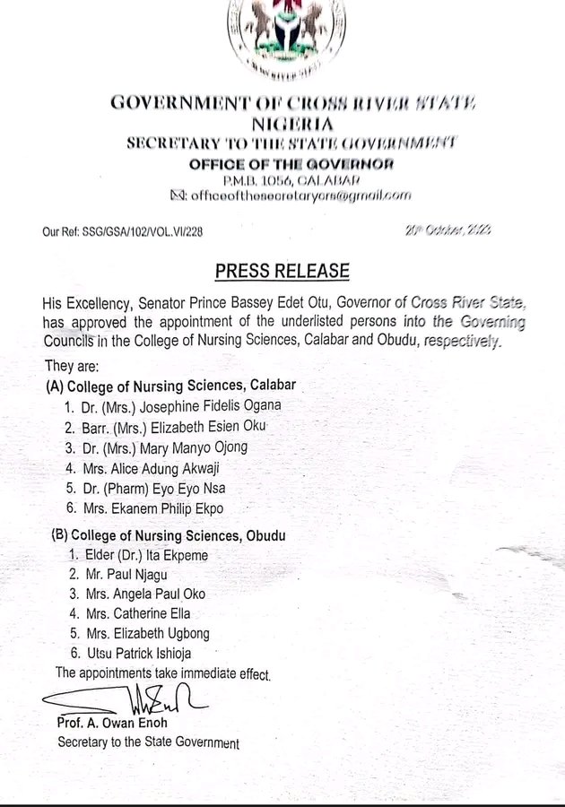 His Excellency, Senator Prince Bassey Edet Otu, Governor of Cross River State, has approved the appointment of the underlisted persons into the Governing Councils in the College of Nursing Sciences, Calabar and Obudu, respectively.
See list in the picture attached
