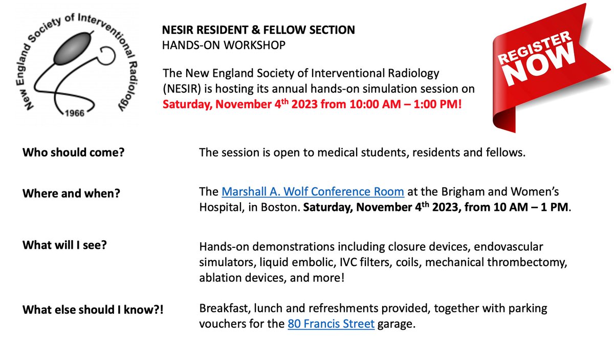 Calling all medical students, residents, and fellows in New England: Register now for our free hands-on simulation session on Saturday, November 4! Try all sorts of devices, get free breakfast and lunch, and mingle with other IR's in the area nesir.org/rfs-workshop-r…