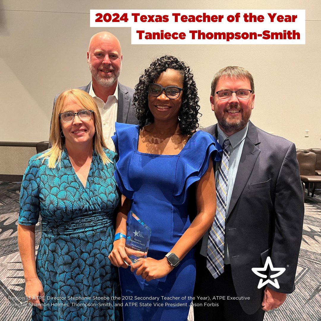 Congratulations to @abileneisd fifth grade science teacher & ATPE member Taniece Thompson-Smith, the 2024 Texas Teacher of the Year! Taniece will represent #txed in the national #TOY competition! #TXTOY @tasanet