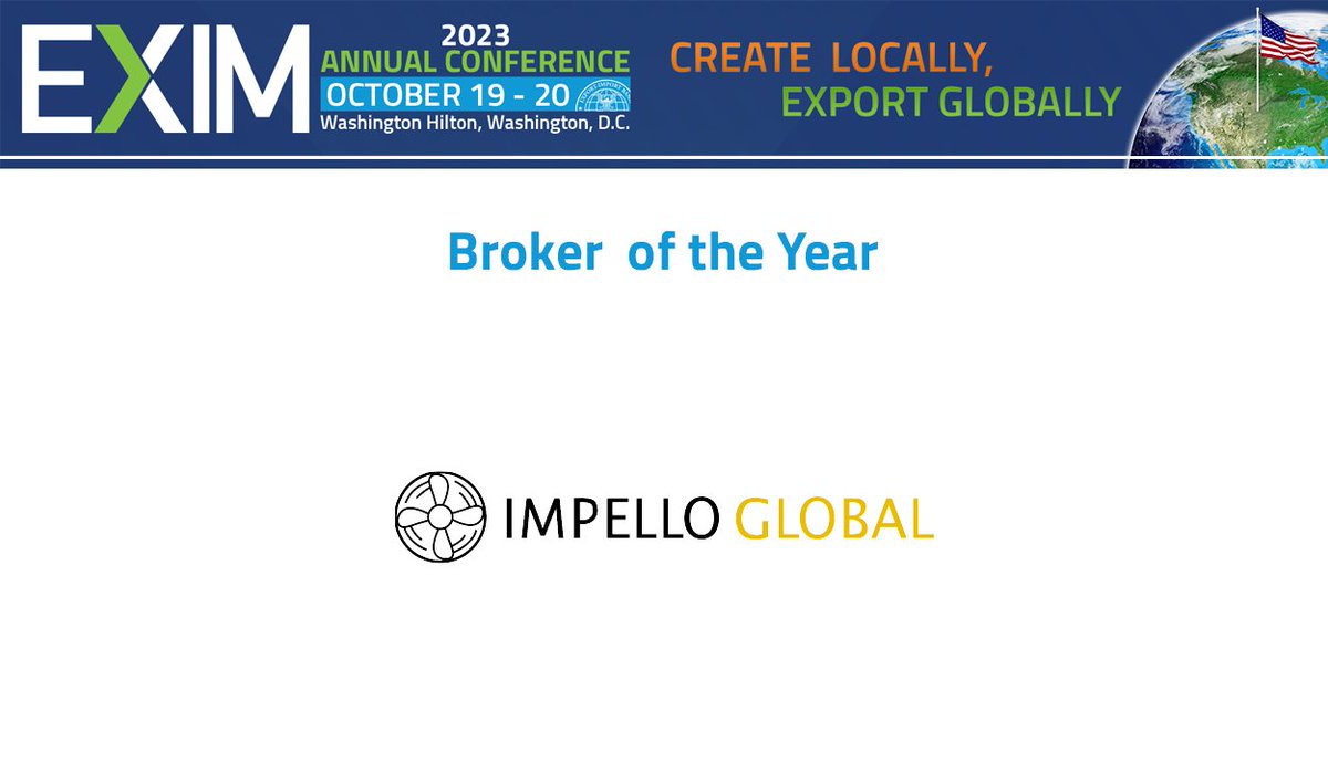 EximBankUS's tweet photo. EXIM is proud to recognize Seattle-based Impello Global Insurance Services as our Broker of the Year! @impelloglobal provides valuable support to exporters and is a valued partner in our effort to create locally, export globally. #EXIM23
Read more: https://t.co/W8qV4bazj2 https://t.co/CKzsSI52Yy
