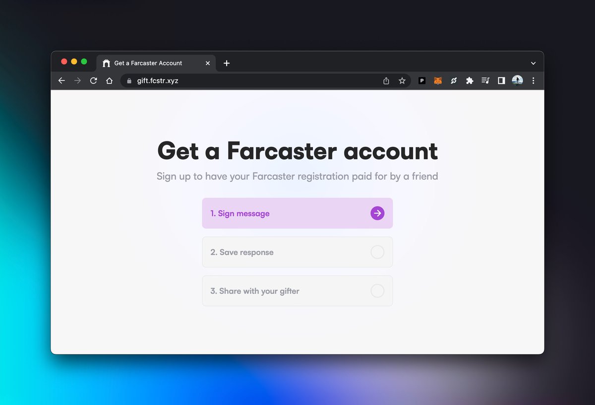 I built a site that makes it easy to gift <a href="/farcaster_xyz/">Farcaster</a>  accounts!

1. Friend signs a message and gets a URL
2. You visit the URL and pay
3. Friend can use any client they want ✅

Try it out (link below) and reply if you're not yet on Farcaster - I'll gift someone an account :)