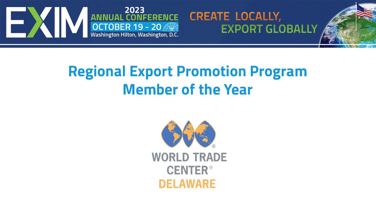 EximBankUS's tweet photo. The @WTCDelaware has been a key resource for Delaware's business community for 36 years. They are our Regional Export Promotion Program awardee of the year for their longstanding partnership and expertise. We are proud to partner. #EXIM23
Read more: https://t.co/MKhicyFDtY https://t.co/uXhG25ihDQ