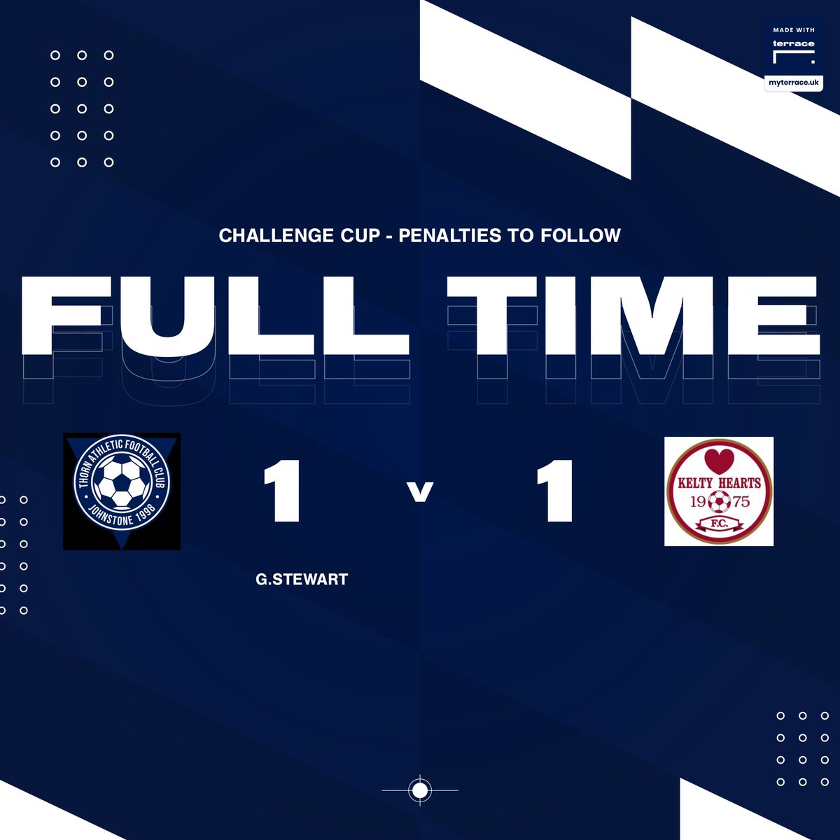 FT and thanks to a late equaliser from G.Stewart sends our cup tie to a penalties. Updates to follow💙