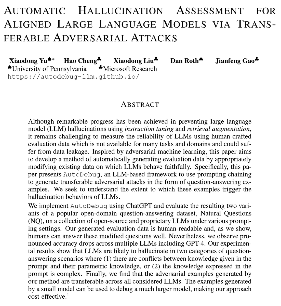 Excited 🤩 to develop Apps using LLMs but puzzled 🤔 over debugging hallucinations? Thrilled to share AutoDebug, a new transferable way of automated faithfulness testing for LLMs, including self-debug & cross-debug Arxiv: arxiv.org/pdf/2310.12516… autodebug-llm.github.io [1/n]