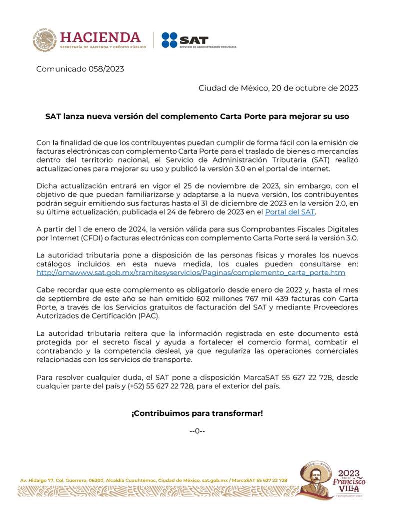 SATMX's tweet photo. #ComunicadoSAT
El SAT informa que, a partir del 25 de noviembre, entra en vigor la versión 3.0 para la emisión de facturas con complemento Carta Porte. 

Con el fin de facilitar el cumplimiento, los contribuyentes podrán continuar utilizando la versión 2.0 hasta el 31 de diciembre, como periodo de adaptación.

Nuevos catálogos incluidos en esta medida: https://t.co/aUT2Y1LlgY