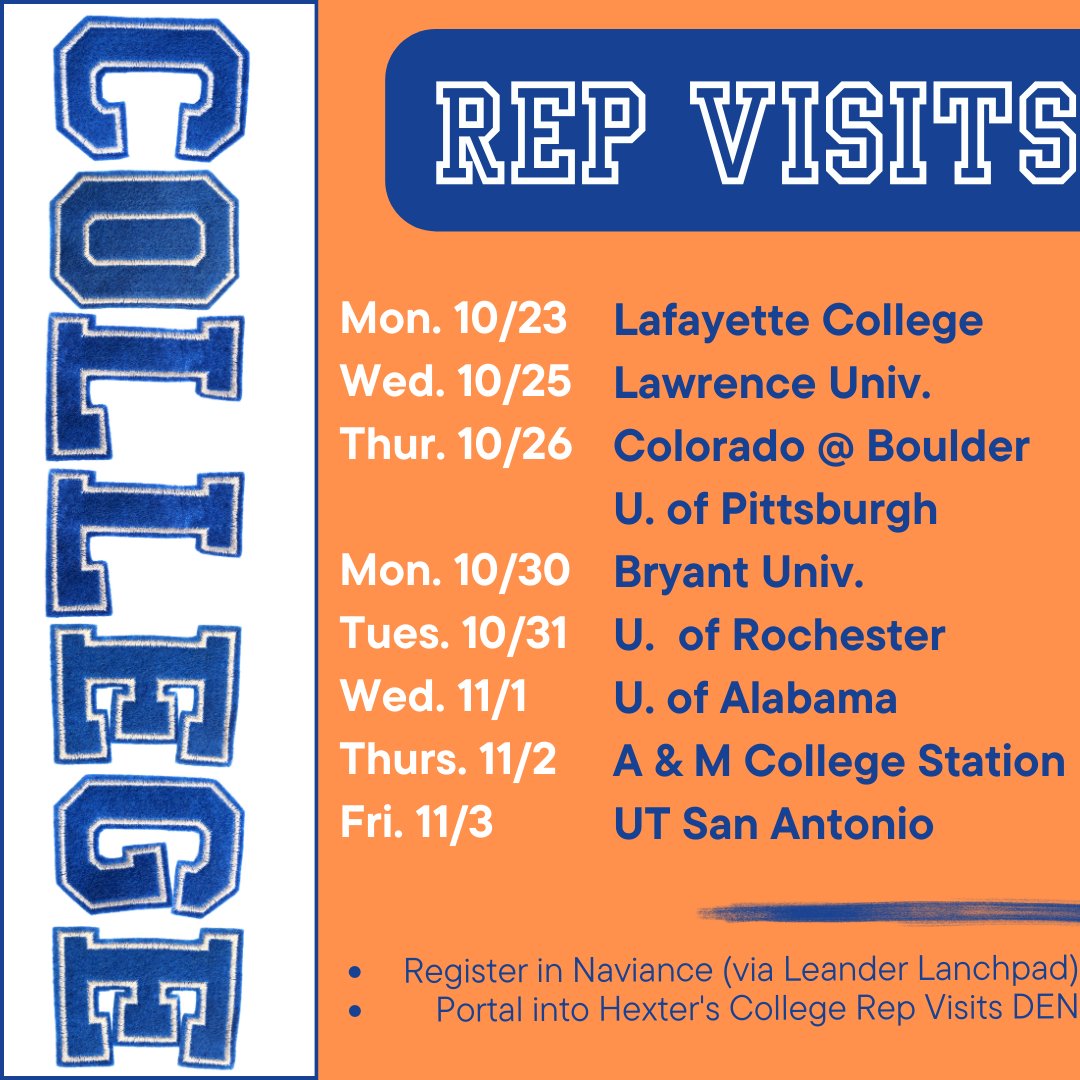 Who's coming to CPHS? See which colleges will be visiting our CPHS College and Career Center (1108E by library exit). Students can portal into Ms. Hexter's DEN to attend.