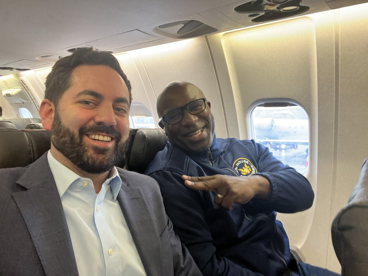 Flying home to Westchester. Sitting next to @JamaalBowmanNY. Thankfully, we are not in the exit row.