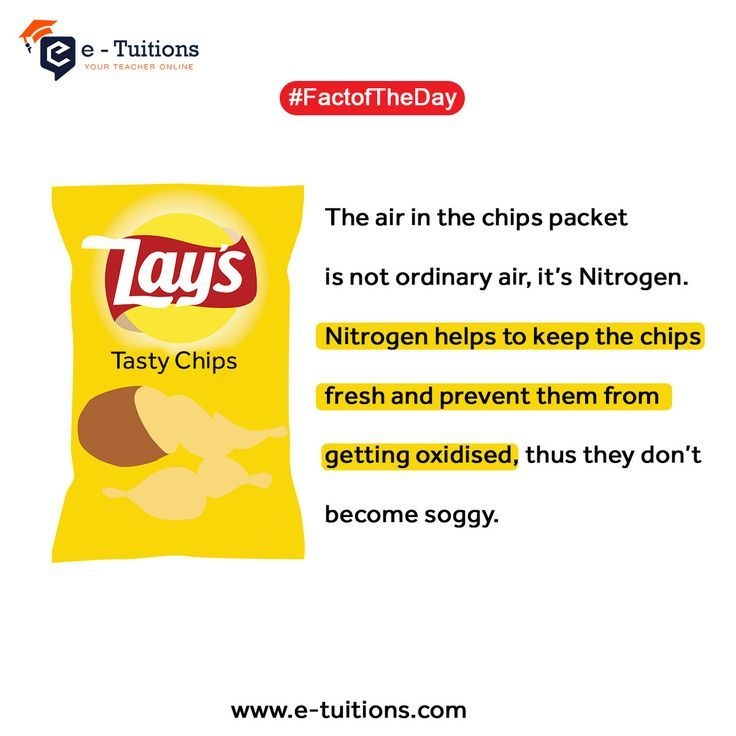 Ever wondered, why the packet of chips is filled with more air than chips? #friday #FridayFacts #weekendvibes #amazingfacts #factcheck #FactOfTheWeek #factoftheday #NITROGENGAS #etuitions #scienceandtechnology #mathstuitions #englishtuition #phonicsclasses #Science