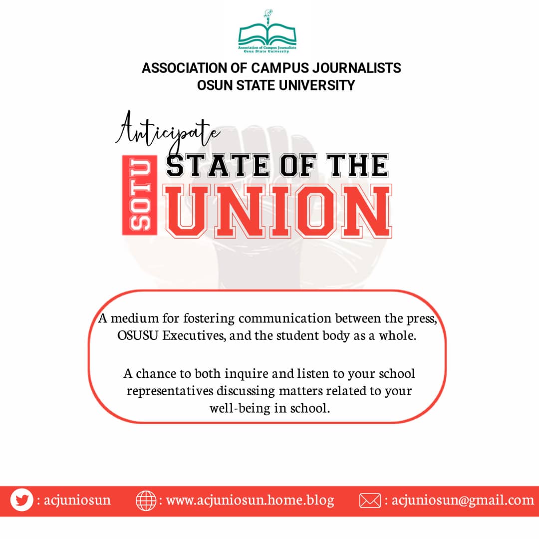acjuniosun's tweet image. *Exciting Announcement!* 📣

Get ready for an engaging *State of the Union (SOTU)* program organized by the Association of Campus Journalists UNIOSUN! 📈

#UNIOSUNSOTU 
#StudentUnity 
#ACJUNIOSUN