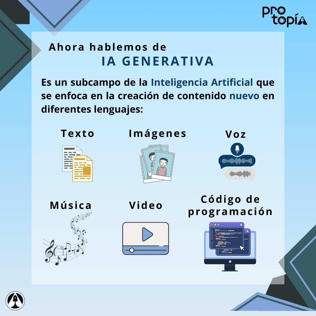 Protopia23's tweet photo. 🤖🎨 ¿Qué es la Inteligencia Artificial Generativa? 🌐✨

 Una rama de la IA que crea contenido nuevo en texto, imágenes, música, ¡y más! 💡
Desafía nuestras prácticas educativas y abre oportunidades emocionantes. 

¿Listos para integrarla en la enseñanza? 📚🚀 

#IA #Aprendizaje https://t.co/Zxatek64Wh