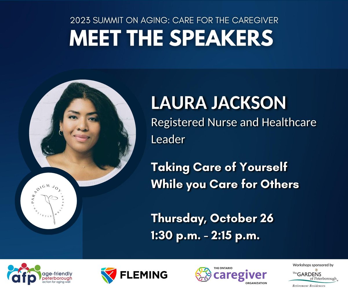 Learn about self-compassion and how to cultivate it in your life, the power of mindful movement, and tips for developing your own self-compassion routine with Laura Jackson.

Register today at bit.ly/summitonaging 

Thurs. Oct. 26, 1:30-2:15pm at Fleming College, Peterborough