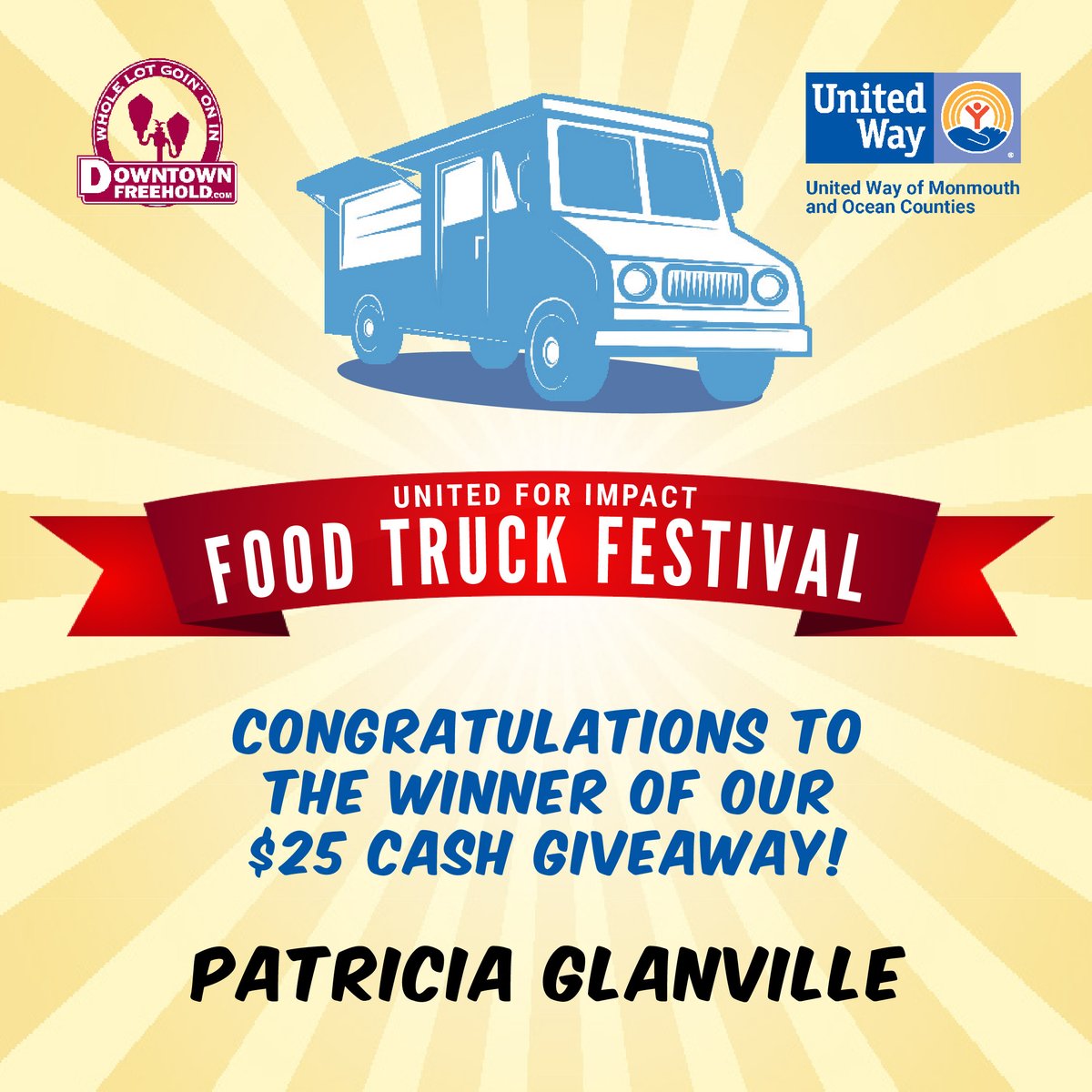 Congratulations to the winner of our United for Impact Food Truck Festival $25 cash giveaway, Patricia Glanville! 🎉 Thanks to all who participated! Be sure to stop by the United for Impact Food Truck Festival THIS Sunday 🙌