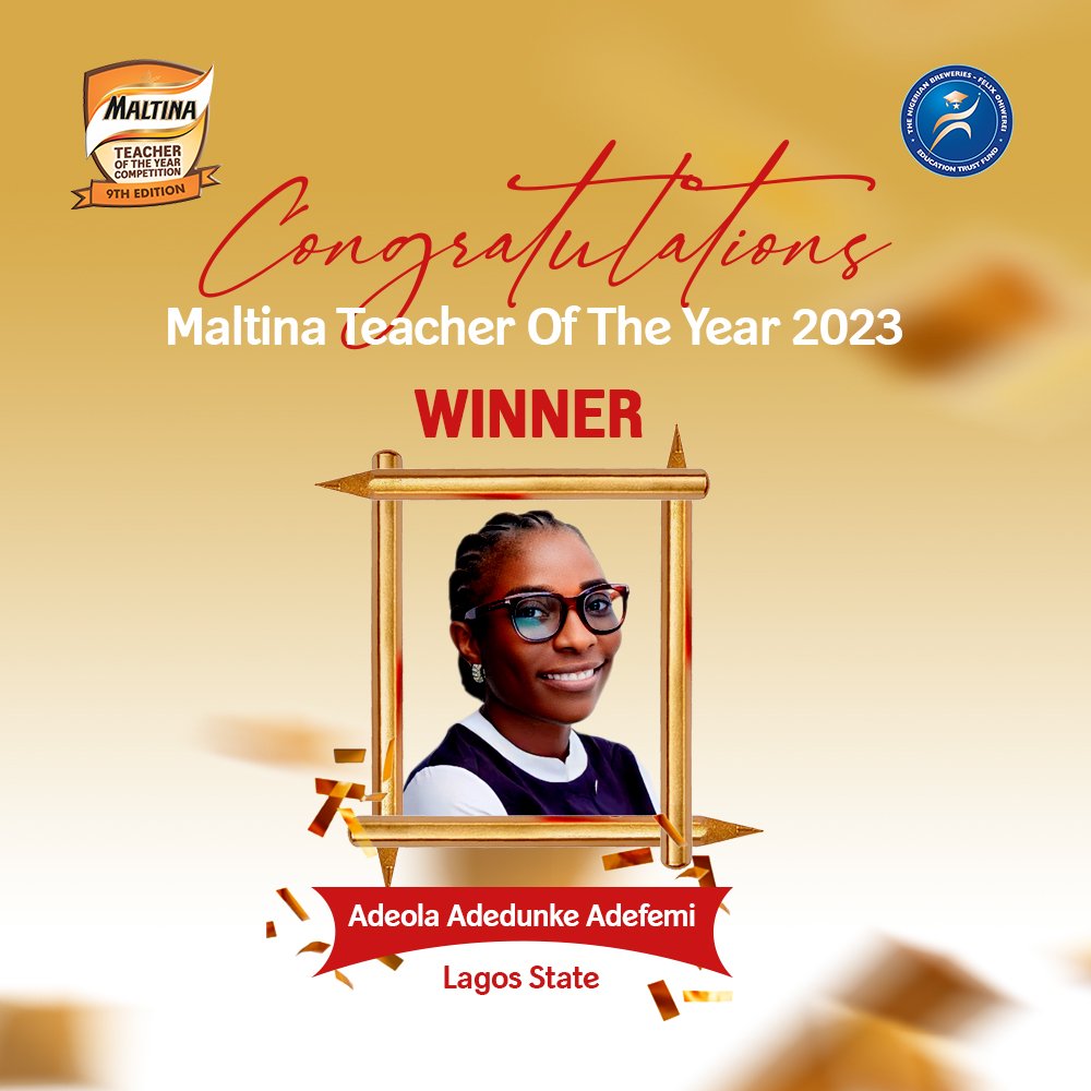 OUR WINNER. THE CHAMPION OF THIS YEAR'S MALTINA TEACHER OF THE YEAR AWARD: ADEOLA ADEFEMI
#Champion #MTOTY2023 #MTOTY