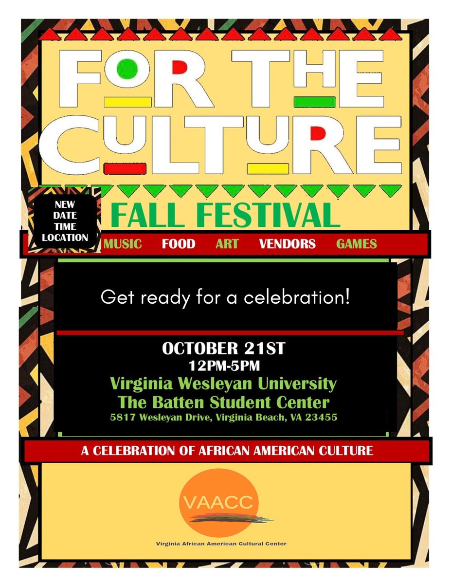 We hope to see a lot of you at tomorrow's VAACC For the Culture Fall Festival at Virginia Wesleyan University from noon to 5 p.m. We have music, food, art, vendors, games and much more! Help us celebrate African American history, art and culture! vaaccvb.org #vaaccvb