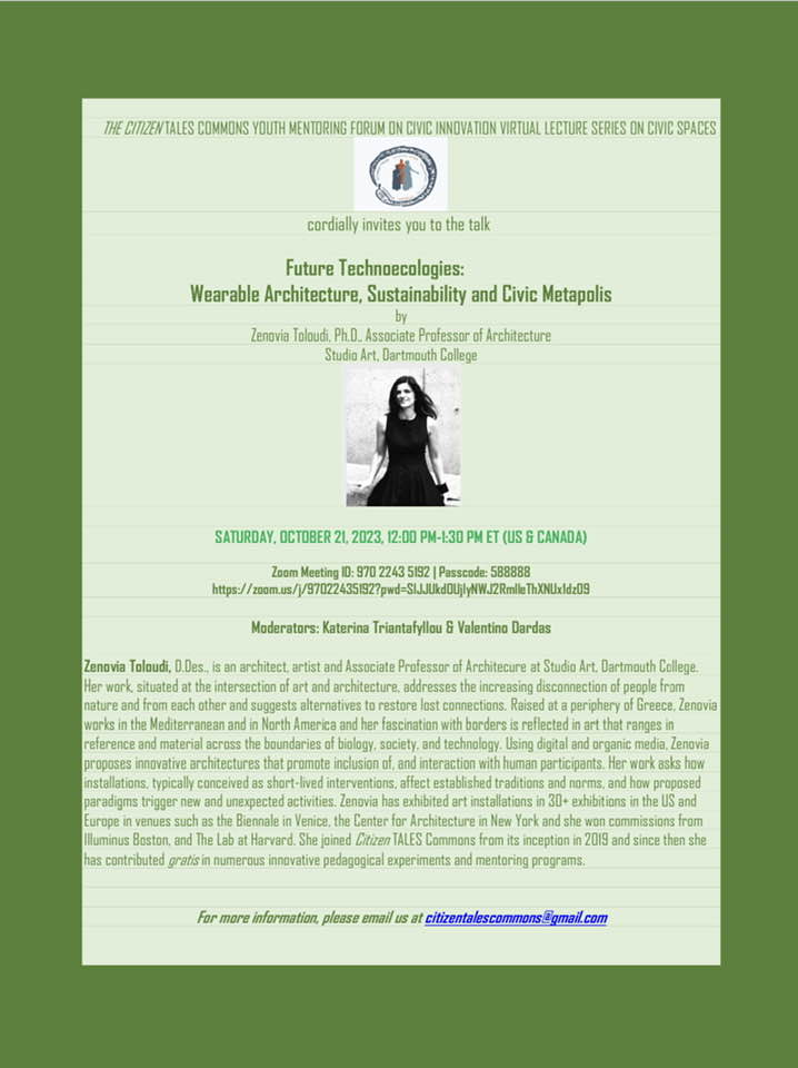 On future technoecologies and civic spaces, tomorrow Saturday October 21, 2023, 12:00 pm-1:30 pm ET (US &amp; CANADA)
Zoom Meeting ID: 970 2243 5192 | Passcode: 588888