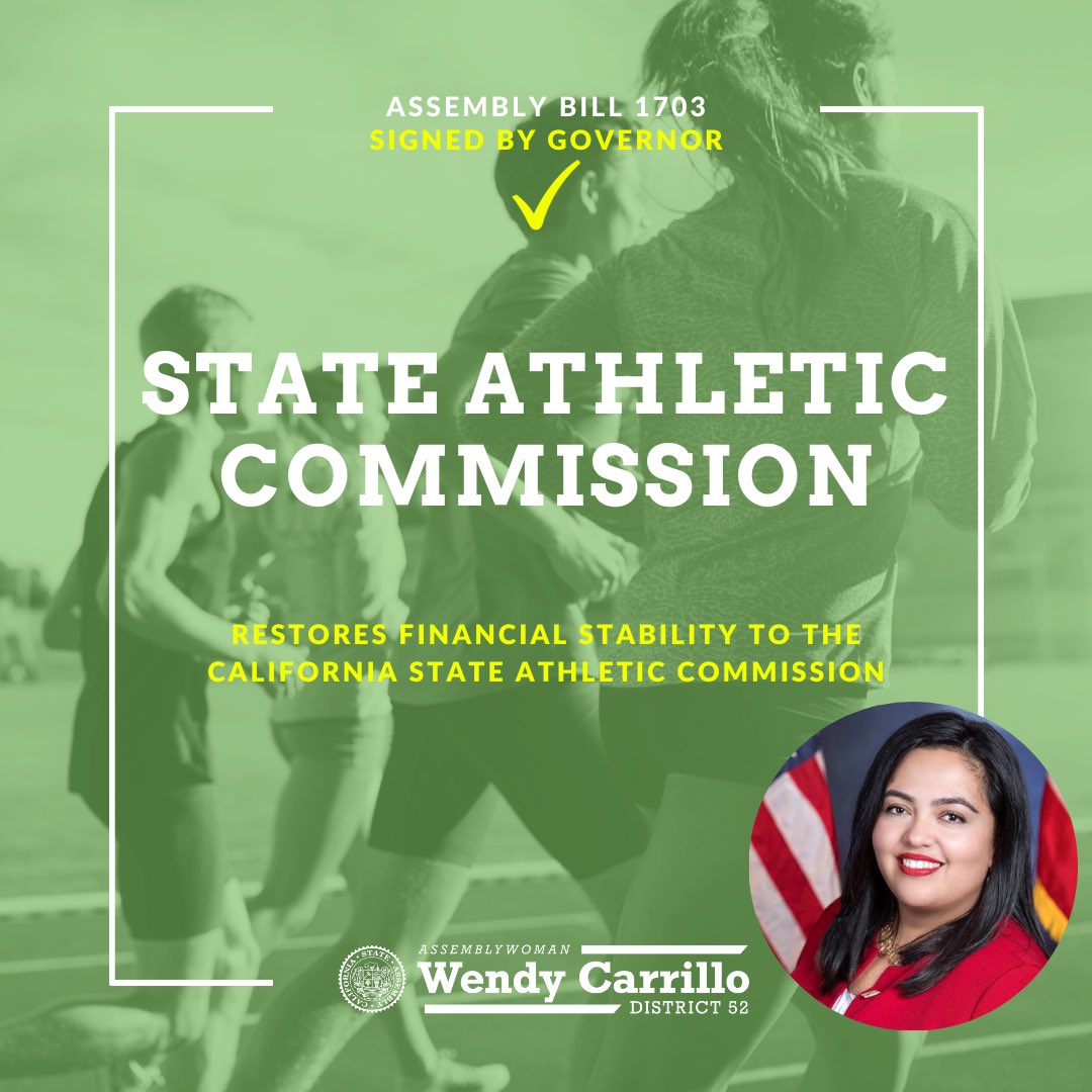 ￼🚨SIGNED INTO LAW🚨￼ Thank you @CAgovernor Newsom for signing AB1703📜￼, restoring financial stability to the California State Athletic Commission. TY @_CSAC for your partnership and to all supporters!