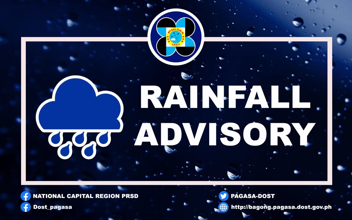 RAINFALL ADVISORY No. 2  #NCR_PRSD
Weather System: SHEAR LINE
Issued at: 5:00 AM,21 October 2023

Light to moderate with occasional heavy rains affecting MetroManila, Bataan, Pampanga, Bulacan, Cavite, Rizal, Laguna, Zambales(Olongapo, Subic, SanAntonio, SanFelipe, Castillejos,