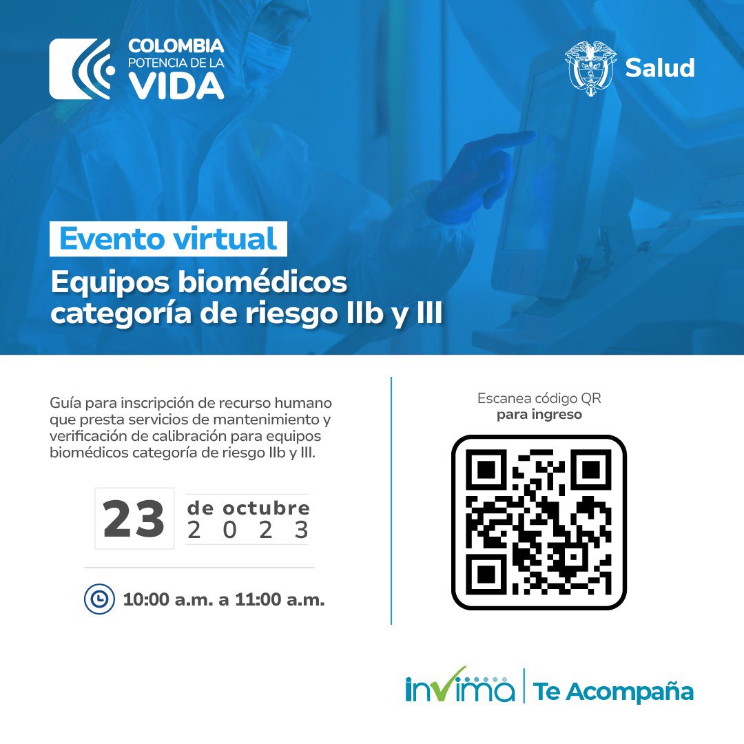 <a href="/invimacolombia/">Invima</a> invita al evento de socialización de la guía para inscripción de recurso humano para el mantenimiento y verificación de calibración de equipos biomédicos.  

Escanea el código QR para el ingreso y recuerda #InvimaTeAcompaña.
