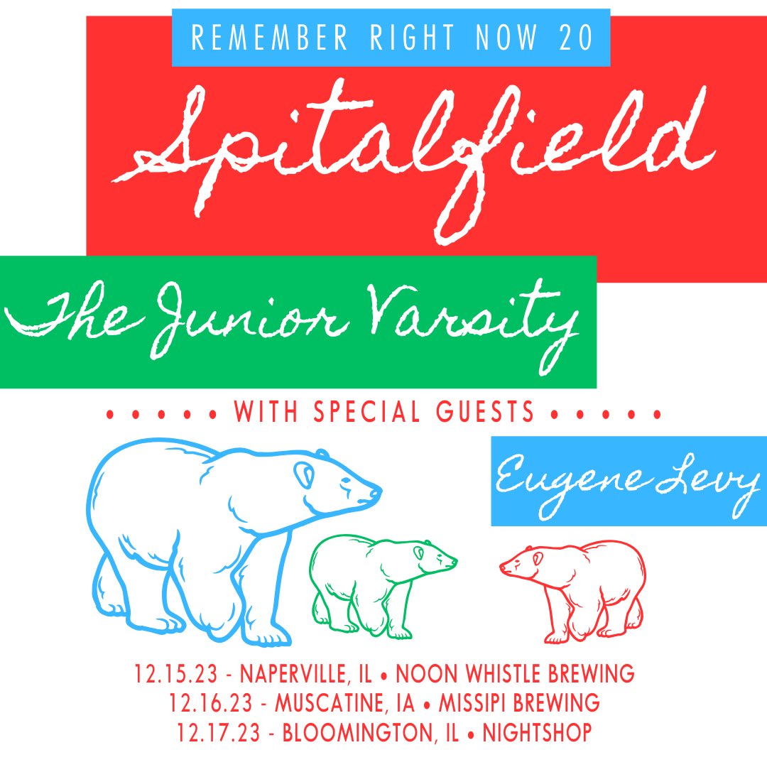 *JUST ANNOUNCED* Spitalfield w/ The Junior Varsity &amp; Eugene Levy.

Dec 15 - Naperville, IL (first show in Western Suburbs since 2007) | <a href="/noonwhistlebrew/">Noon Whistle Brewing</a> 

Dec 16 - Muscatine, IA | <a href="/missipibrewcrew/">Missipi Brewing Co</a> 

Dec 17 - Bloomington, IL | <a href="/nightshop517/">nightshop</a> 

ON-SALE NOW: Spitalfield.org/tour