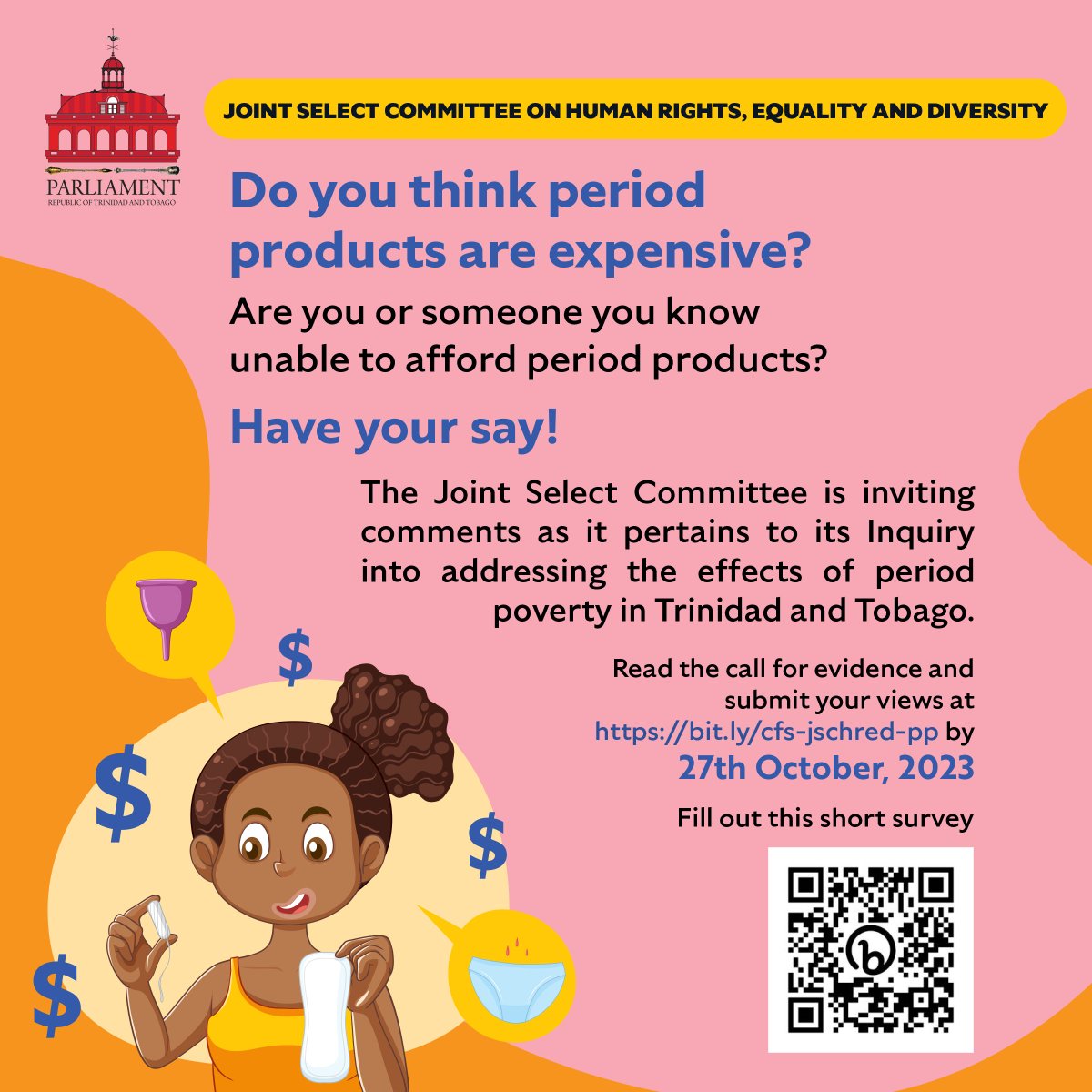 🗣Have your say!

The #JSCHRED invites you to share your views on the topic of PERIOD POVERTY by OCTOBER 27, 2023!

Check out the call for submissions here: bit.ly/cfs-jschred-pp
You can also fill out our short survey: bit.ly/jschredsurvey

Don't miss this opportunity!