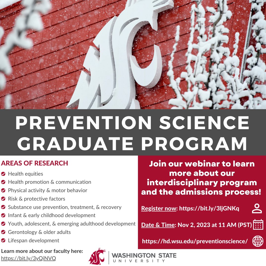 Prospective students are signing up for our upcoming live webinar on November 2 at 11 am PST! Interested in a PhD in Prevention Science, register now: bit.ly/3ljGNKq

Learn about our faculty here: bit.ly/3ljGNKq