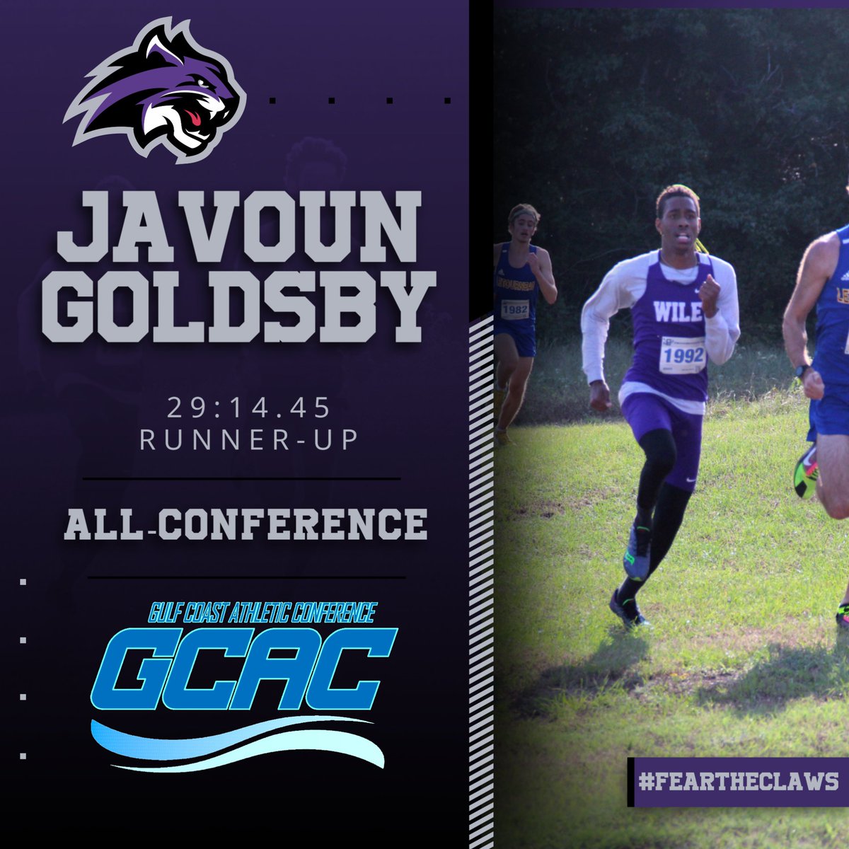 Congratulations to Javoun Goldsby on finishing runner-up at the 2023 @GCACSports Championship and earning All-GCAC. #FeartheClaws #LevelUp