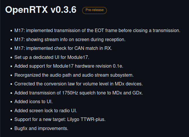 Almost one year after the latest release, we just tagged OpenRTX v0.3.6 🎉, including full support for @m17_project, Module17 and @lilygo9 TTWR Plus! Check it out here: github.com/OpenRTX/OpenRT…