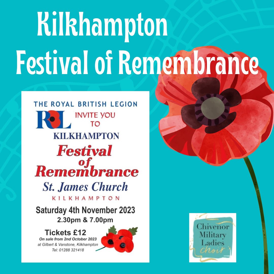 Chivenor Military Ladies Choir (Charity 1184143) (@milwiveschiv) on Twitter photo We feel very honoured to have been asked to take part in the Kilkhampton Festival of Remembrance this year on Saturday 4th Nov at 2:30pm and 7pm. This event is organised by <a href="/PoppyLegion/">Royal British Legion</a>, tickets are £12 available from Gilbert & Vanstone or call 01288 321418 We feel very honoured to have been asked to take part in the Kilkhampton Festival of Remembrance this year on Saturday 4th Nov at 2:30pm and 7pm. This event is organised by <a href="/PoppyLegion/">Royal British Legion</a>, tickets are £12 available from Gilbert & Vanstone or call 01288 321418