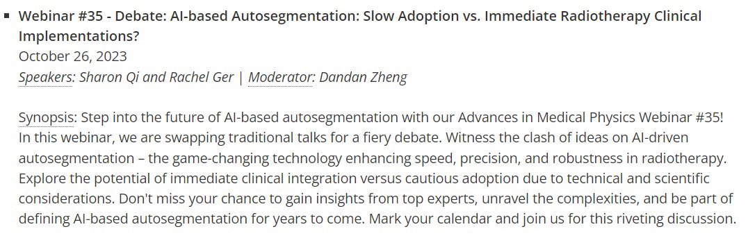 Has the AI revolution already arrived in radiation oncology? What do you think? Come and join us for a lively debate between two experts on where we are with AI Autosegmentation. Please register at: lnkd.in/e32xWN6Q