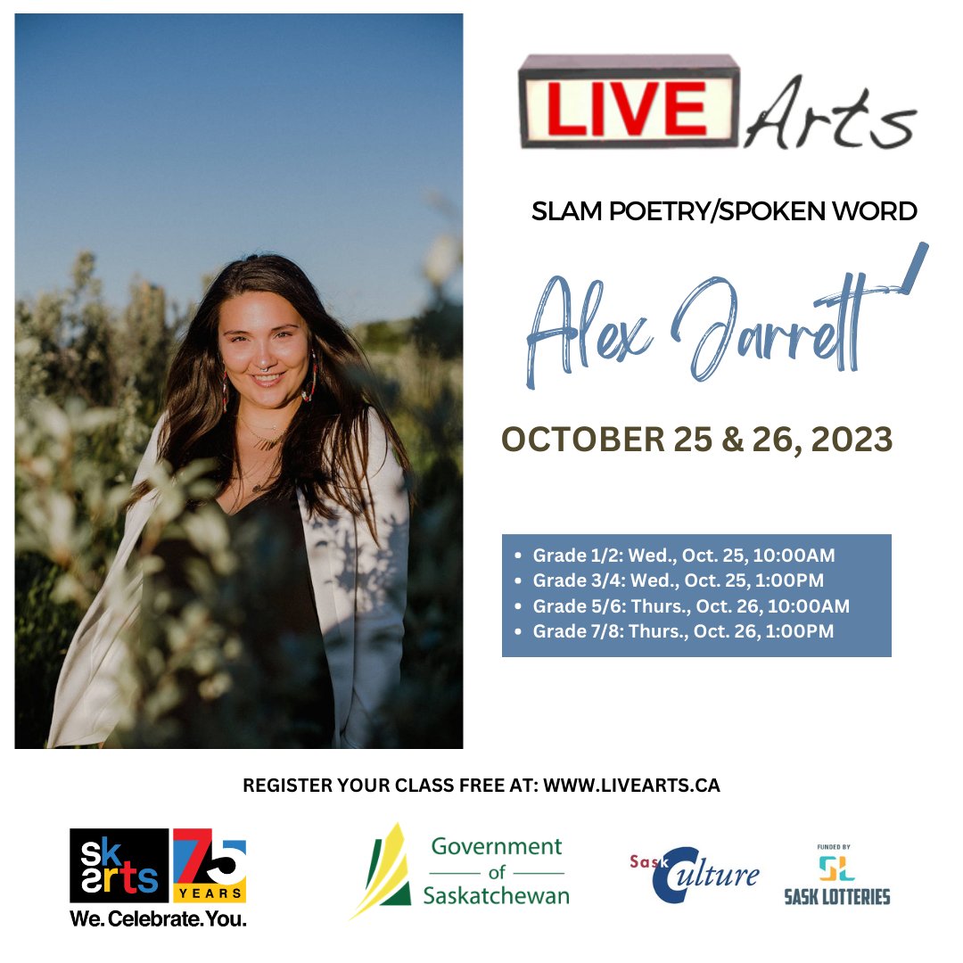 Teachers! Sign your classes up for LIVE Arts. This month's program is Slam Poetry/Spoken Word with Alex Jarrett (Axis). Axis has a spoken word style that’s rhythmic, thought-provoking, and non-conforming. livearts.ca/slam-poetry-sp…
