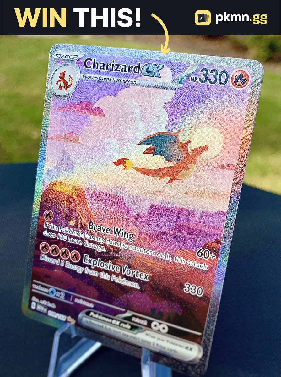 pkmndotgg's tweet photo. 🔥 Win this Charizard ex!

Enter to Win:

💠Retweet This
💠Create your profile on https://t.co/BC4o0Oldbr
💠Equip at least one profile showcase card
💠Reply to this with a link to your profile

Winner announced on November 1st, 2023. Good luck!