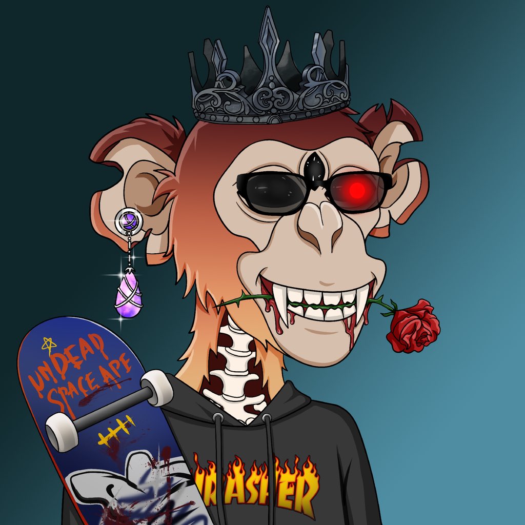 Benji_420's tweet photo. Just received this @UndeadSpaceApes from @tommybluhh yesterday! Loving the rose, crown, earring and skate board! Thanks bud! #UndeadCommunity https://t.co/qG22fjW5wk