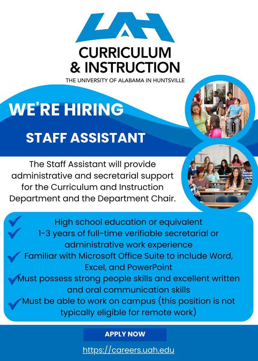The #UAHCoED Department of Curriculum & Instruction is hiring a Staff Assistant! Apply here: careers.uah.edu/en-us/job/4999…

#JobOpportunity #Huntsville #HuntsvilleAlabama #NowHiring #ApplyNow #HuntsvilleJobs