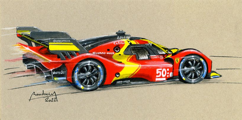 #FerrariHypercar acrylics painting on cardboard by ABmotorART, a 2022 foresight of the 2023 LM pole position car