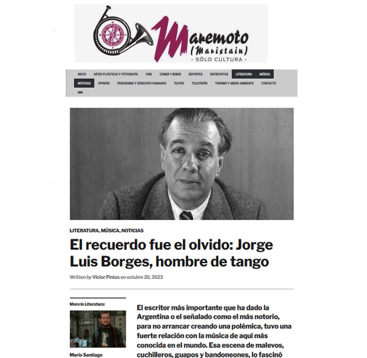 Mi nota de hoy sobre Jorge Luis Borges y el tango, hecha para cba24n, el portal universitario de Córdoba, Argentina, fue publicada también por Maremoto Maristain, sitio periodístico de México.

Muchas gracias!

@mmaristain1 <a href="/Cba24Ncomar/">cba24n Oficial</a>