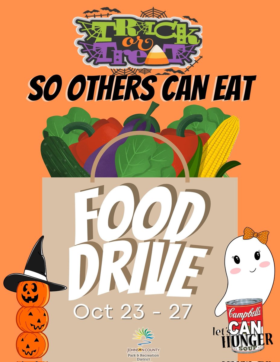 JCPRD is doing their annual canned food drive next week, Oct 23-27!   This is one of our favorite events.  Donations go to the food pantries right here in our neighborhoods just in time for the holidays!  

🥫Bring any donations to your OST program!🎃