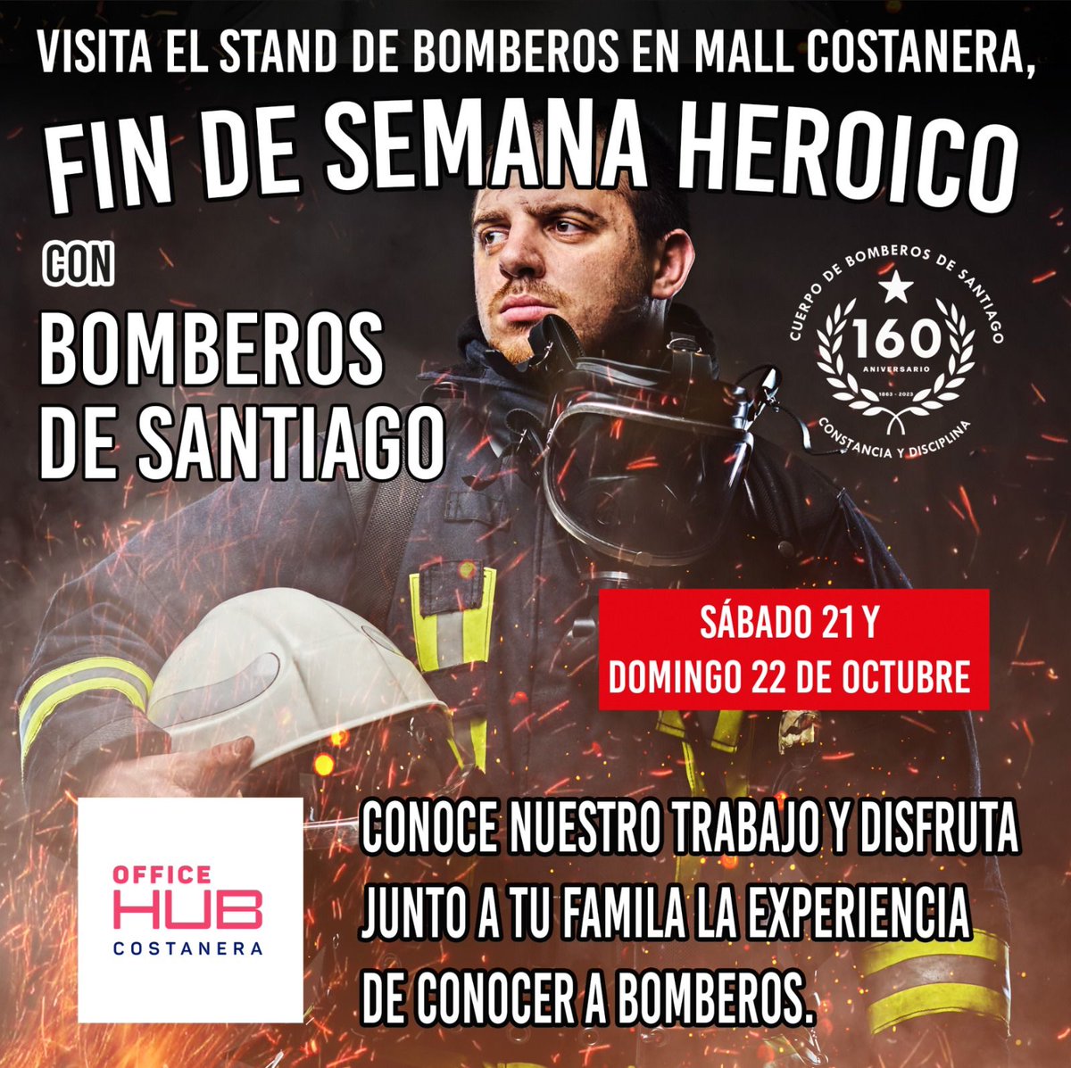 Este sábado 21 y domingo 22 de octubre, visita con tu familia el stand del Cuerpo de Bomberos de Santiago en el @costaneracenter