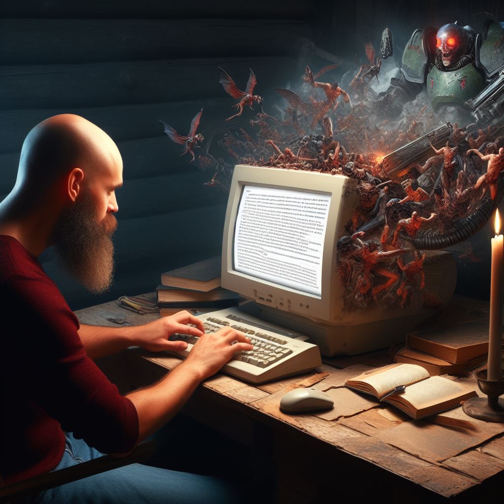 BenOrmstad's tweet photo. Just reached 300 pages written in the first draft of Overtaken Online Book 5 😈 

The daemonorgs are practically spewing out of the screen as I'm writing - which have been beautifully illustrated with the help of Bing / Dall-E 3 😂🔥

#overtakenonline #WIP #litfps #litrpg https://t.co/JVwC1tRrfd