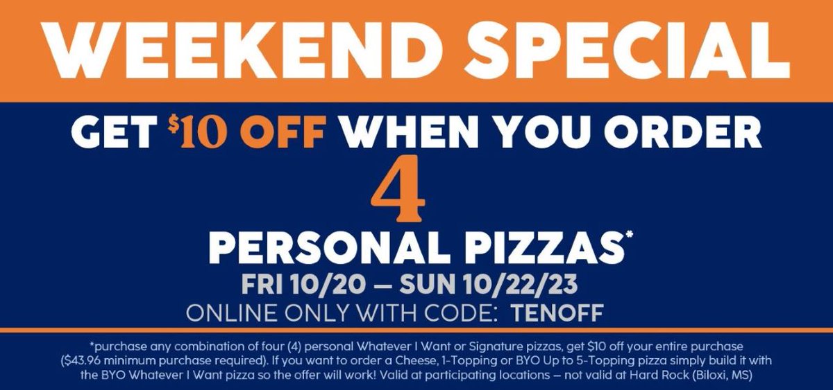 Get $10 off when you order 4 personal pizzas! 💥 Use code TENOFF at checkout - Valid on ONLINE ORDERS ONLY at order.thanx.com/piefivepizza *purchase any combination of four (4) personal Whatever I Want or Signature pizzas, get $10 off your purchase ($43.96 minimum purchase required).