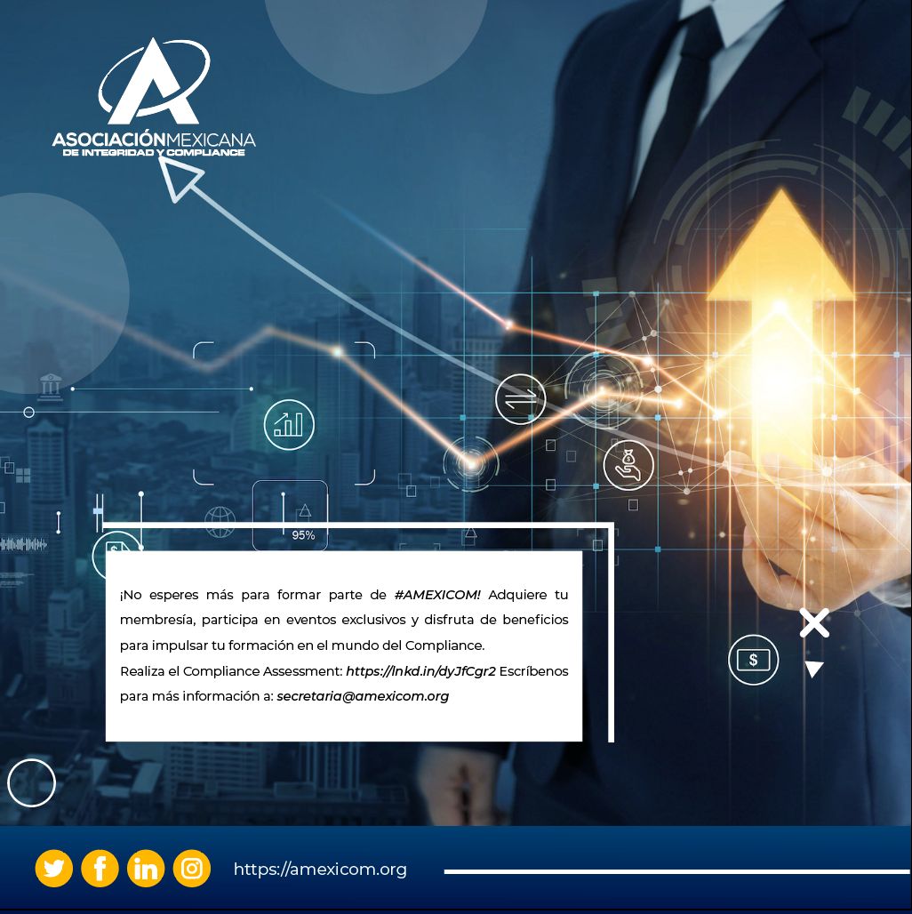 ¡No esperes más para formar parte de #AMEXICOM! Adquiere tu membresía, participa en eventos exclusivos y disfruta de beneficios para impulsar tu formación en el mundo del Compliance. Realiza el Compliance Assessment: lnkd.in/dyJfCgr2 Más info. a: secretaria@amexicom.org