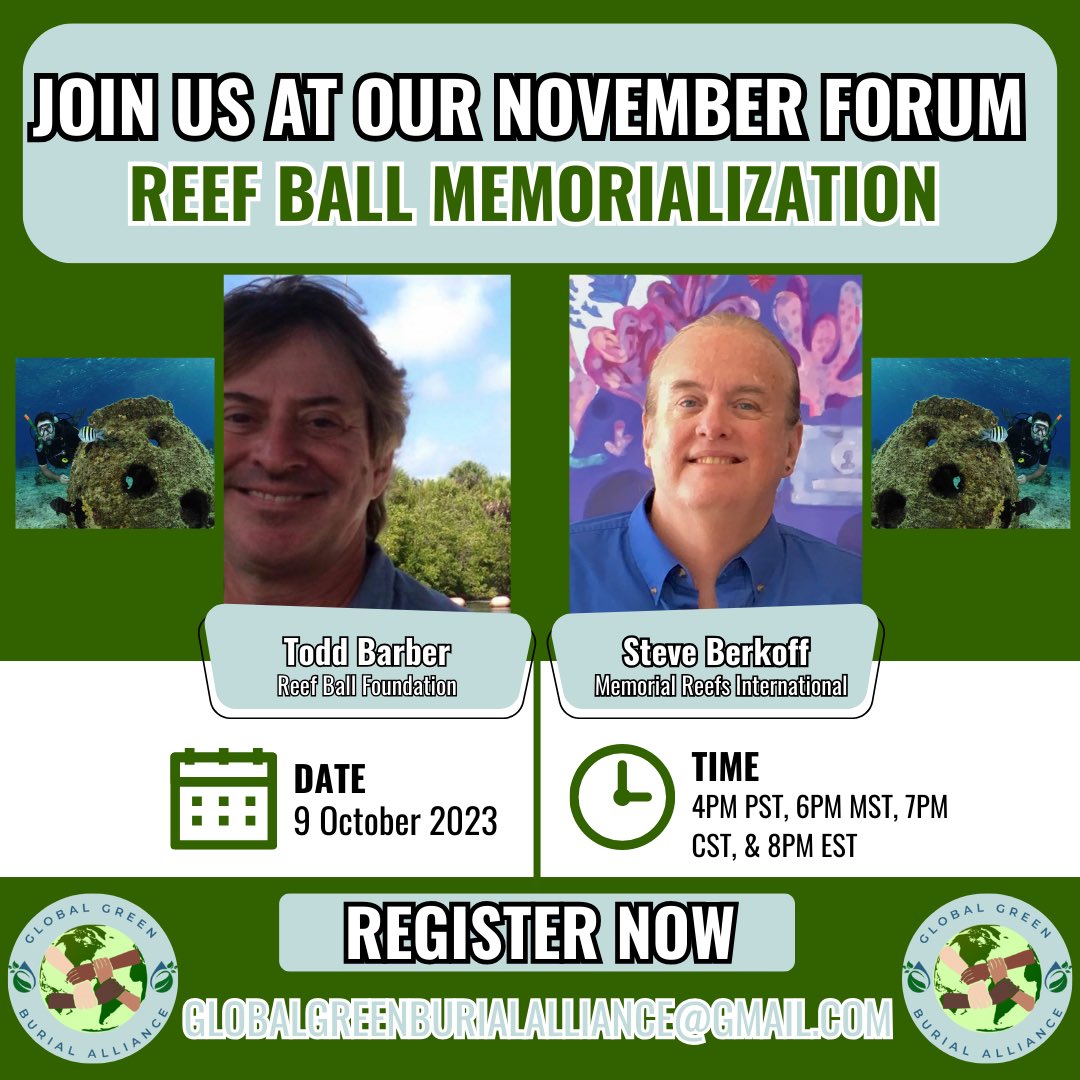 GGBAlliance's tweet photo. We are excited to invite you to our November Forum!
Learn about reef balls, an aquatic eco-friendly interment option, from Steve Berkoff of Memorial Reefs International and Todd Barber of the Reef Ball Foundation.
RSVP: globalgreenburialalliance@gmail.com
#reefball https://t.co/6iclrCMX6c