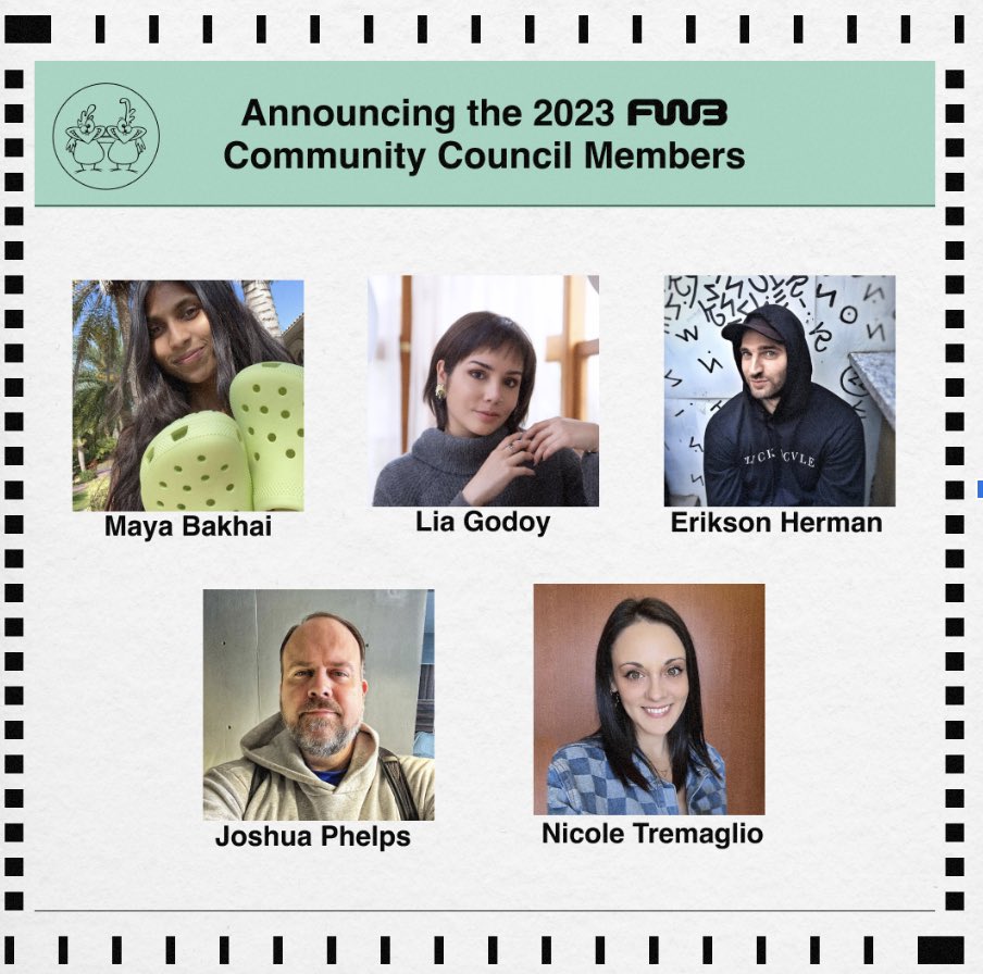 Friends With Benefits (@fwbtweets) on Twitter photo We are thrilled to introduce the elected and appointed 2023 FWB Community Council members:
<a href="/MayaBakhai/">Maya Bakhai 🌶️</a>
<a href="/LiaGodoyF/">liagodoyf.eth</a>
<a href="/thisisthetruth/">⚡️ ERIKSON ⚡️</a>
<a href="/JPh3lps/">Phelps</a>
<a href="/NicoleTremaglio/">Nicole Tremaglio ✰</a> We are thrilled to introduce the elected and appointed 2023 FWB Community Council members:
<a href="/MayaBakhai/">Maya Bakhai 🌶️</a>
<a href="/LiaGodoyF/">liagodoyf.eth</a>
<a href="/thisisthetruth/">⚡️ ERIKSON ⚡️</a>
<a href="/JPh3lps/">Phelps</a>
<a href="/NicoleTremaglio/">Nicole Tremaglio ✰</a>