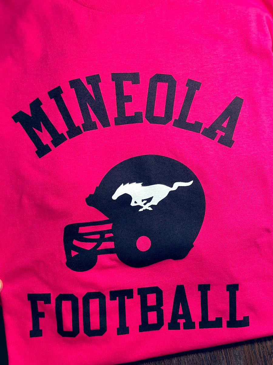 Mineola Varsity Football will be dedicating tomorrows game to Breast Cancer Awareness. The team wore these shirts in school to support and will wear pink accessories as part of their uniform Saturday! 

Go Mustangs‼️