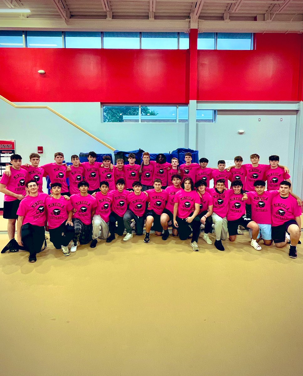 CoachWienclaw's tweet photo. Mineola Varsity Football will be dedicating tomorrows game to Breast Cancer Awareness. The team wore these shirts in school to support and will wear pink accessories as part of their uniform Saturday! 

Go Mustangs‼️ https://t.co/989inJ9IoE