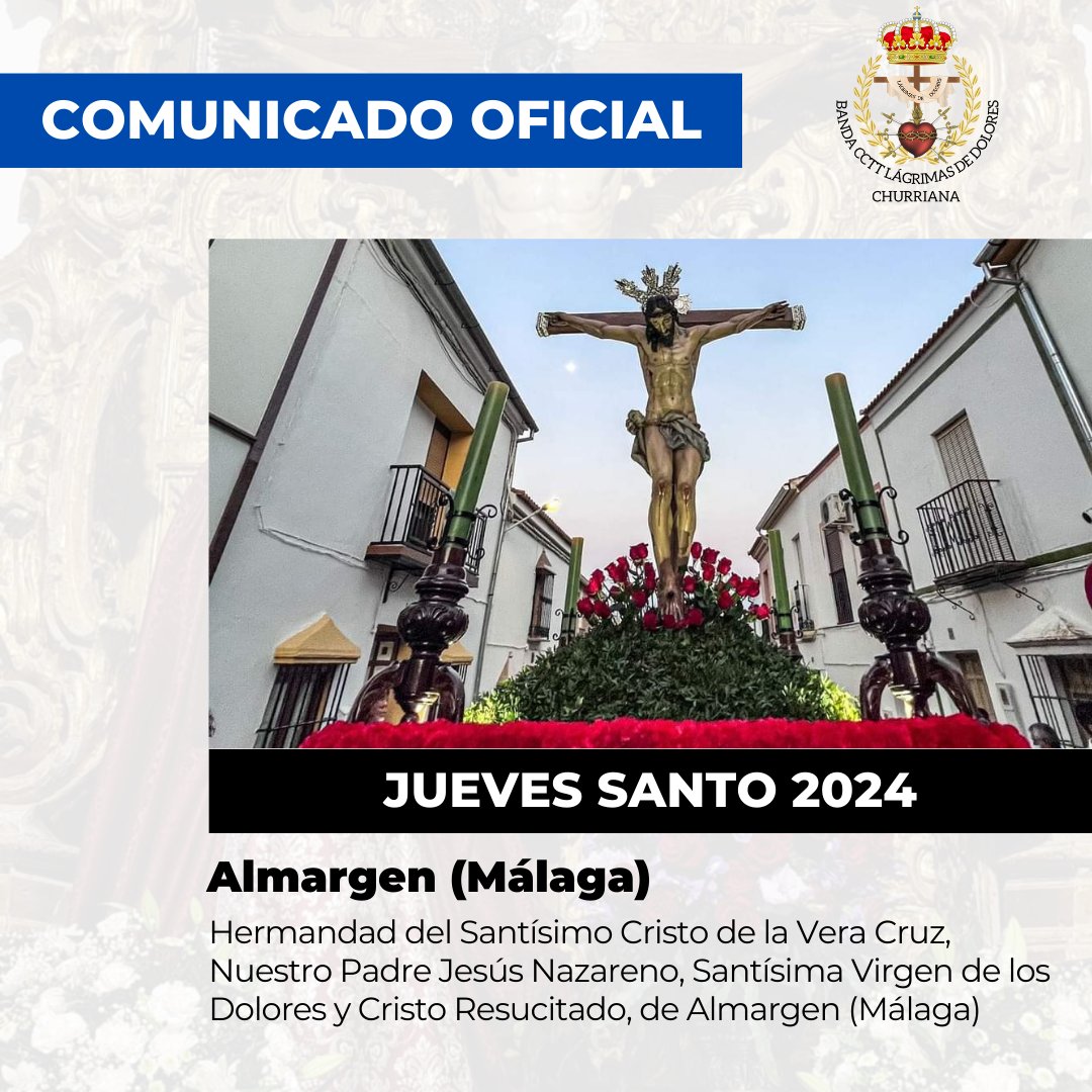 𝗢𝗙𝗜𝗖𝗜𝗔𝗟. El próximo Jueves Santo de 2024 nos desplazaremos a Almargen para realizar el acompañamiento musical al Santísimo Cristo de la Vera Cruz y a la Santísima Virgen de los Dolores.

Será un honor acompañar con nuestros sones a <a href="/Hdad_Almargen/">Hermandad Almargen</a>.

#SuenaLagrimas