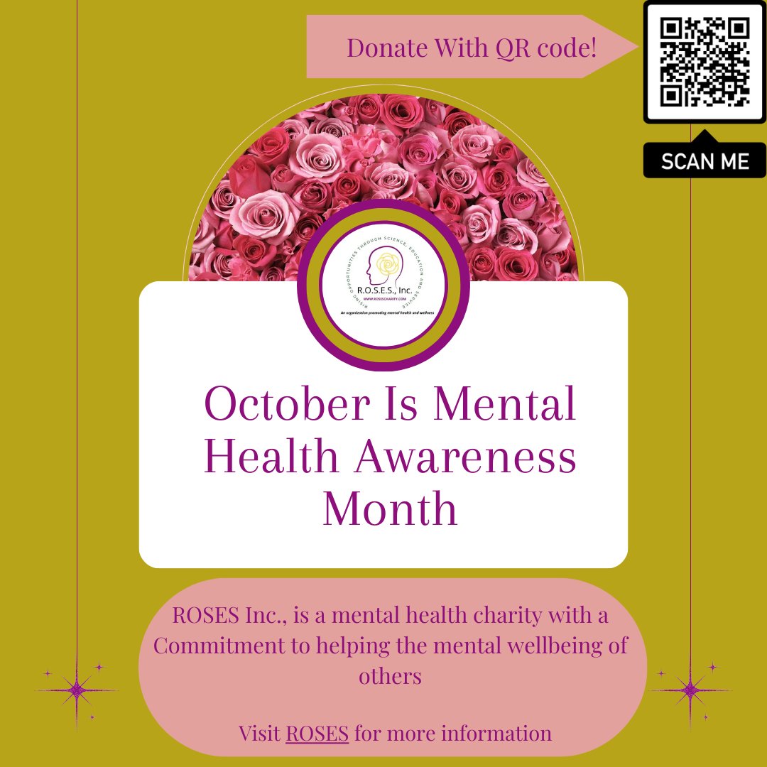 RosesCharity's tweet photo. Mental health awareness month💜💐 ROSES intends on growing this conversation. Donate by scanning our QR code! HELP us help the mental wellbeing of others. #mentalhealthawarenessmonth #mentalhealthmatters #selflove #mentalhealthrecovery https://t.co/GdDrZXQ8BG