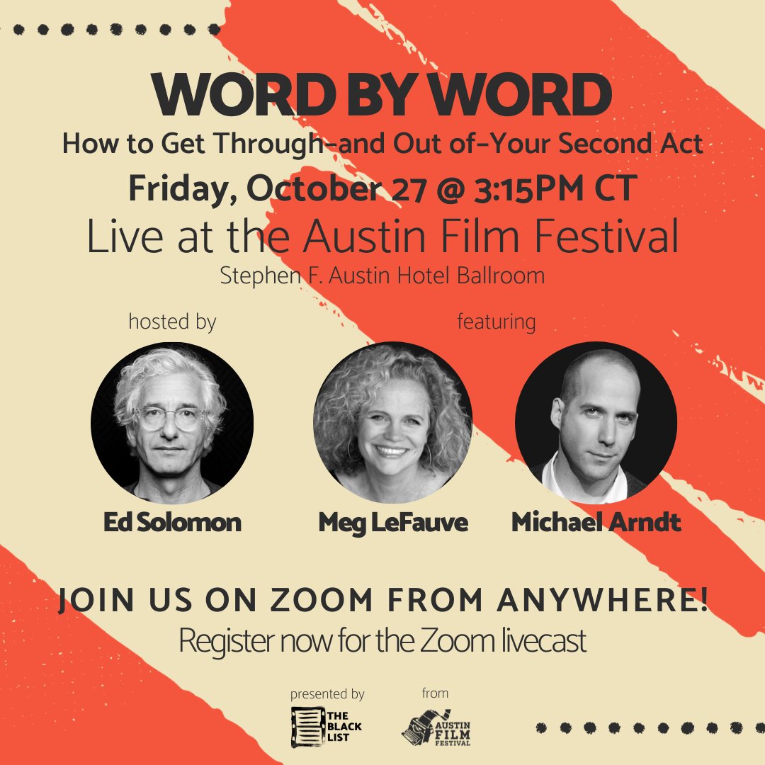 Great news: #WordByWord with @ed_solomon is bringing a special, live episode featuring Meg LeFauve + @michaeldbarndt to @austinfilmfest on October 27! RSVP for the LIVE event in Austin here: bit.ly/3Fr472c RSVP for the free ZOOM livestream here: bit.ly/3Fq3YvX